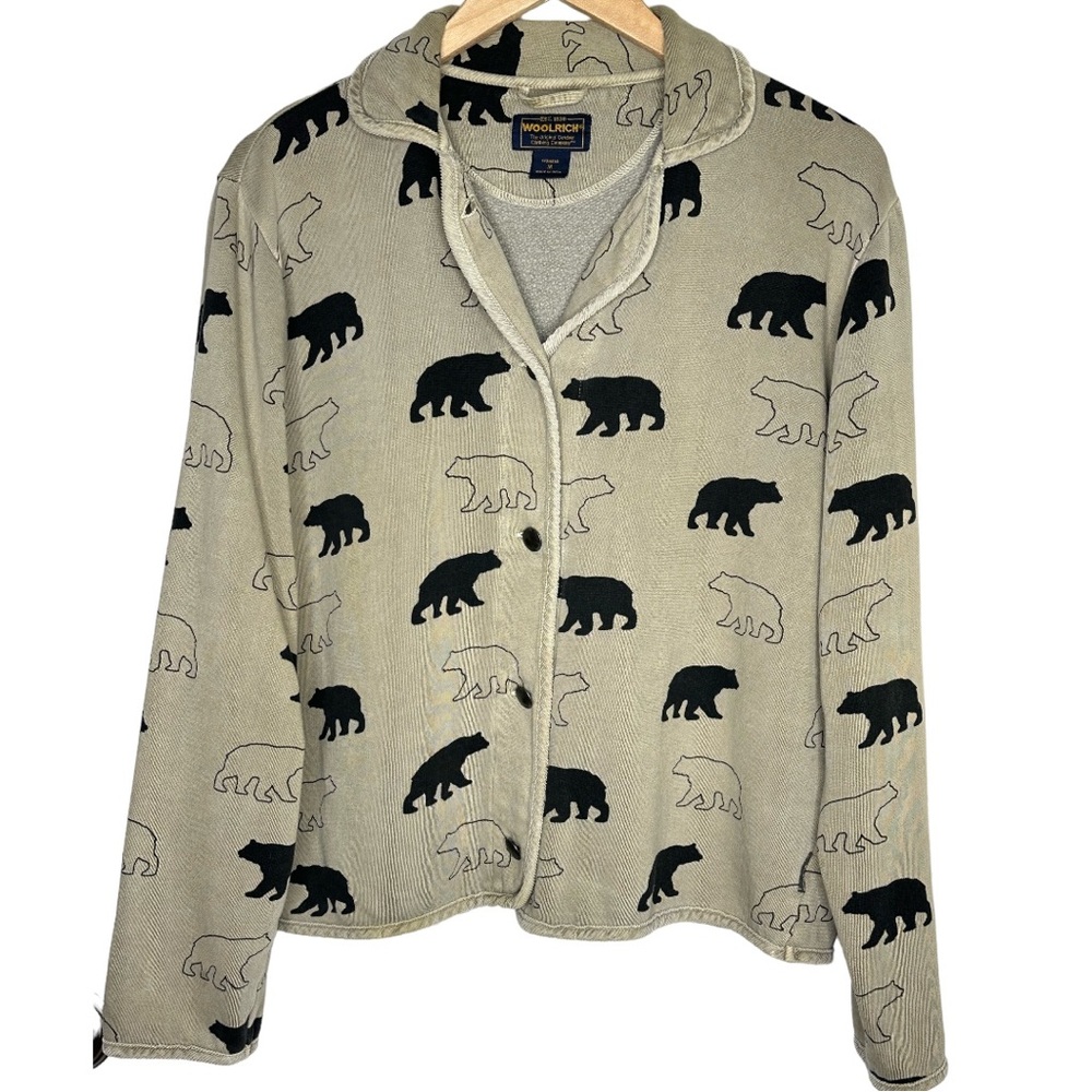 Woolrich Vintage Black Bear Buttoned Cotton Beige Collared Sweatshirt Jacket - Picture 13 of 13